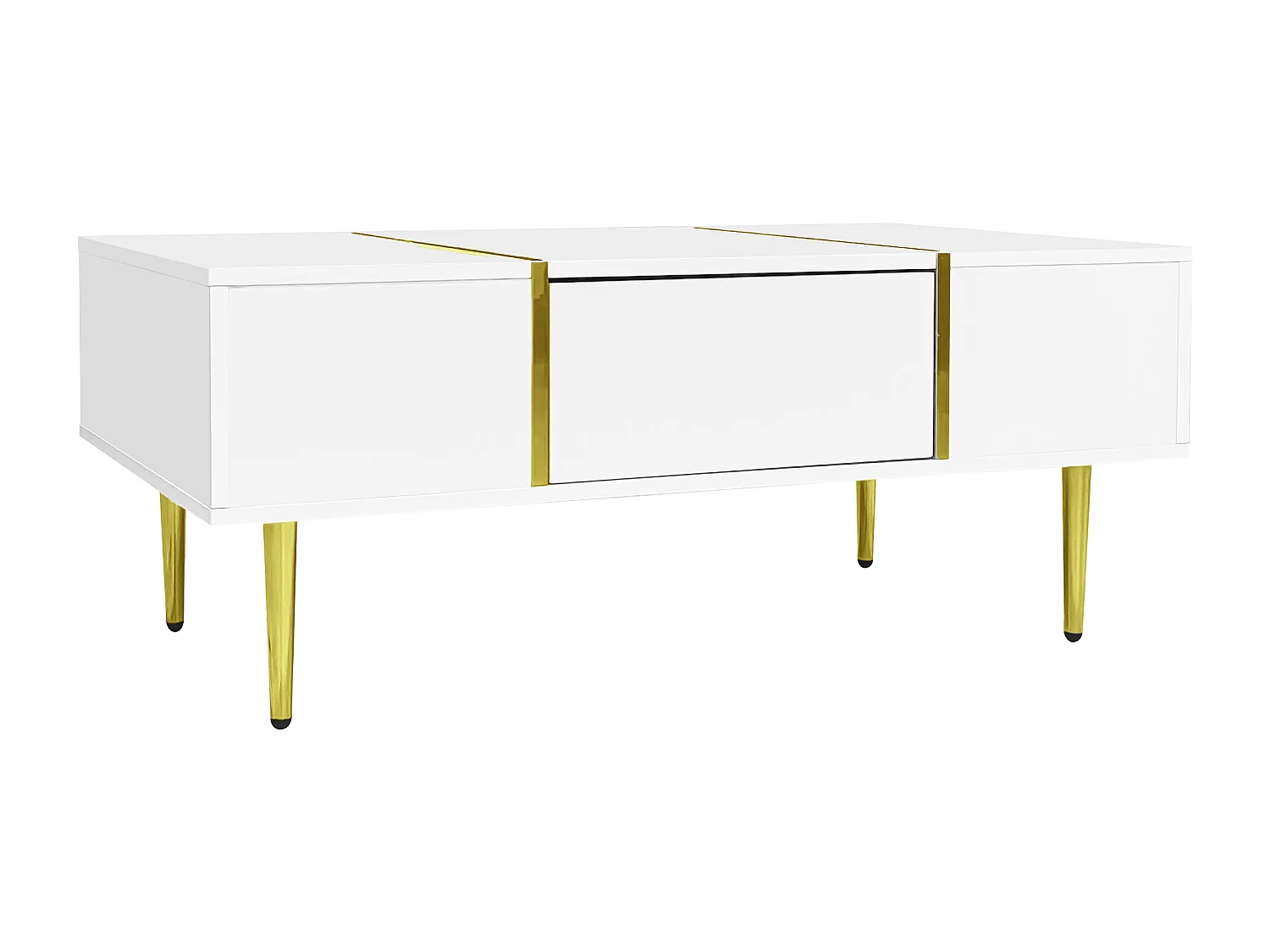 Glanzende salontafel met 2 lades, metalen poten, modern en eenvoudig, woonkamertafel, witte balkon-bijzettafel