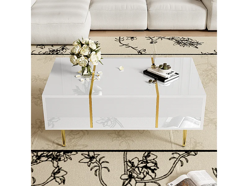 Table basse brillante avec 2 tiroirs, pieds en métal, moderne et simple, table de salon, table d'appoint de balcon blanche