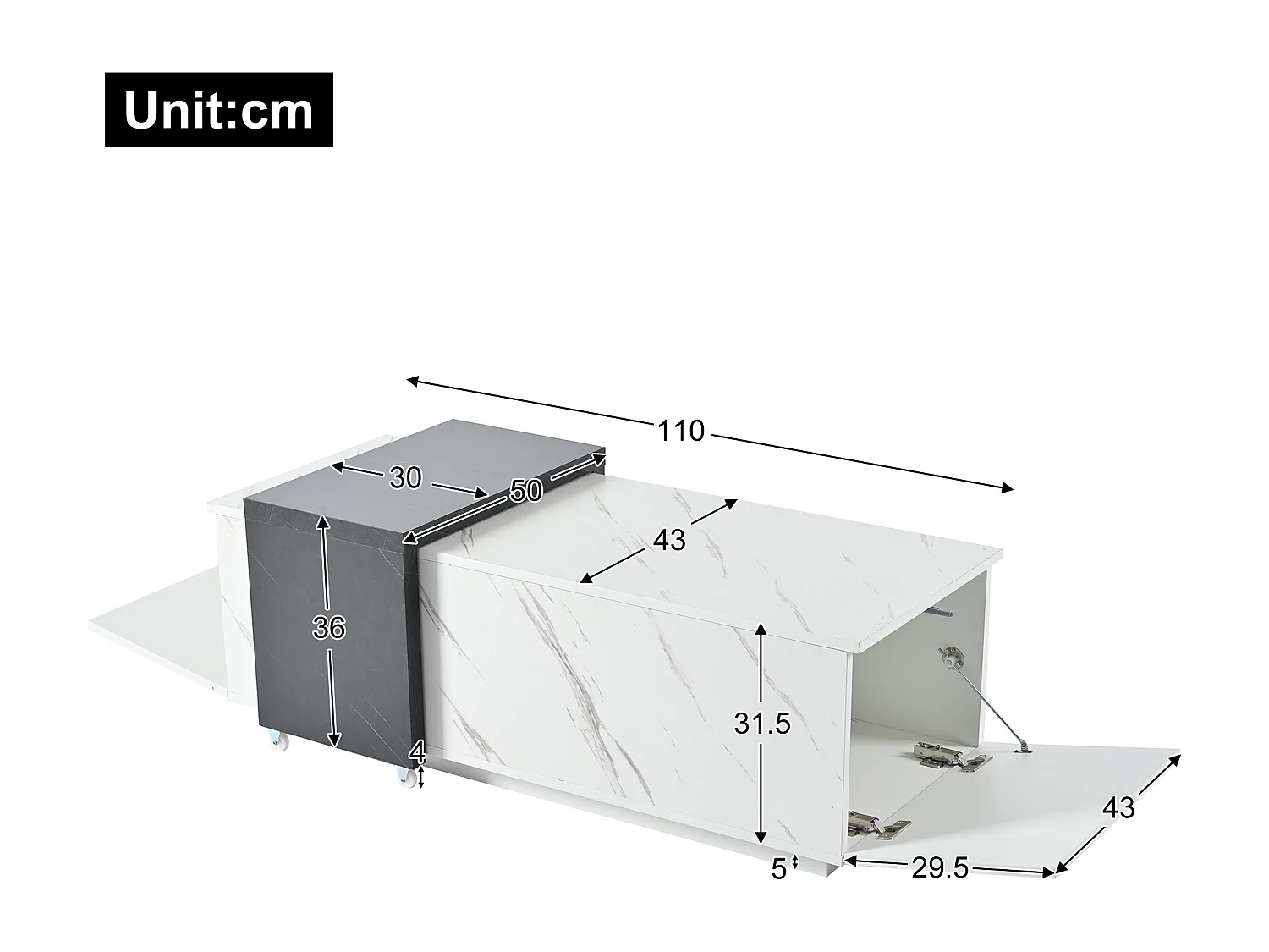 Table basse motif marbre blanc classique adaptée au salon et au bureau avec 2 armoires de rangement et roulettes - noir et blanc