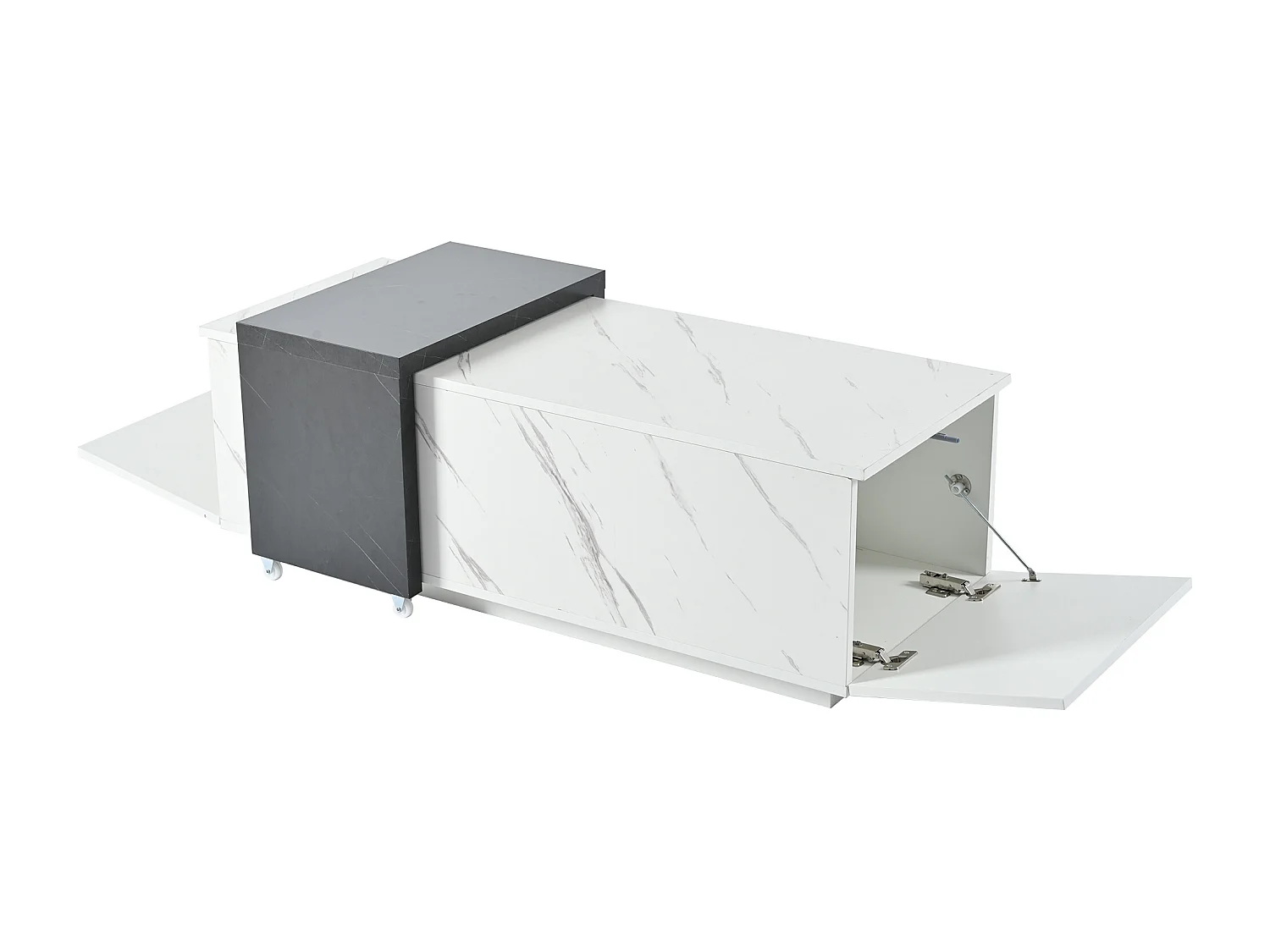 Table basse motif marbre blanc classique adaptée au salon et au bureau avec 2 armoires de rangement et roulettes - noir et blanc