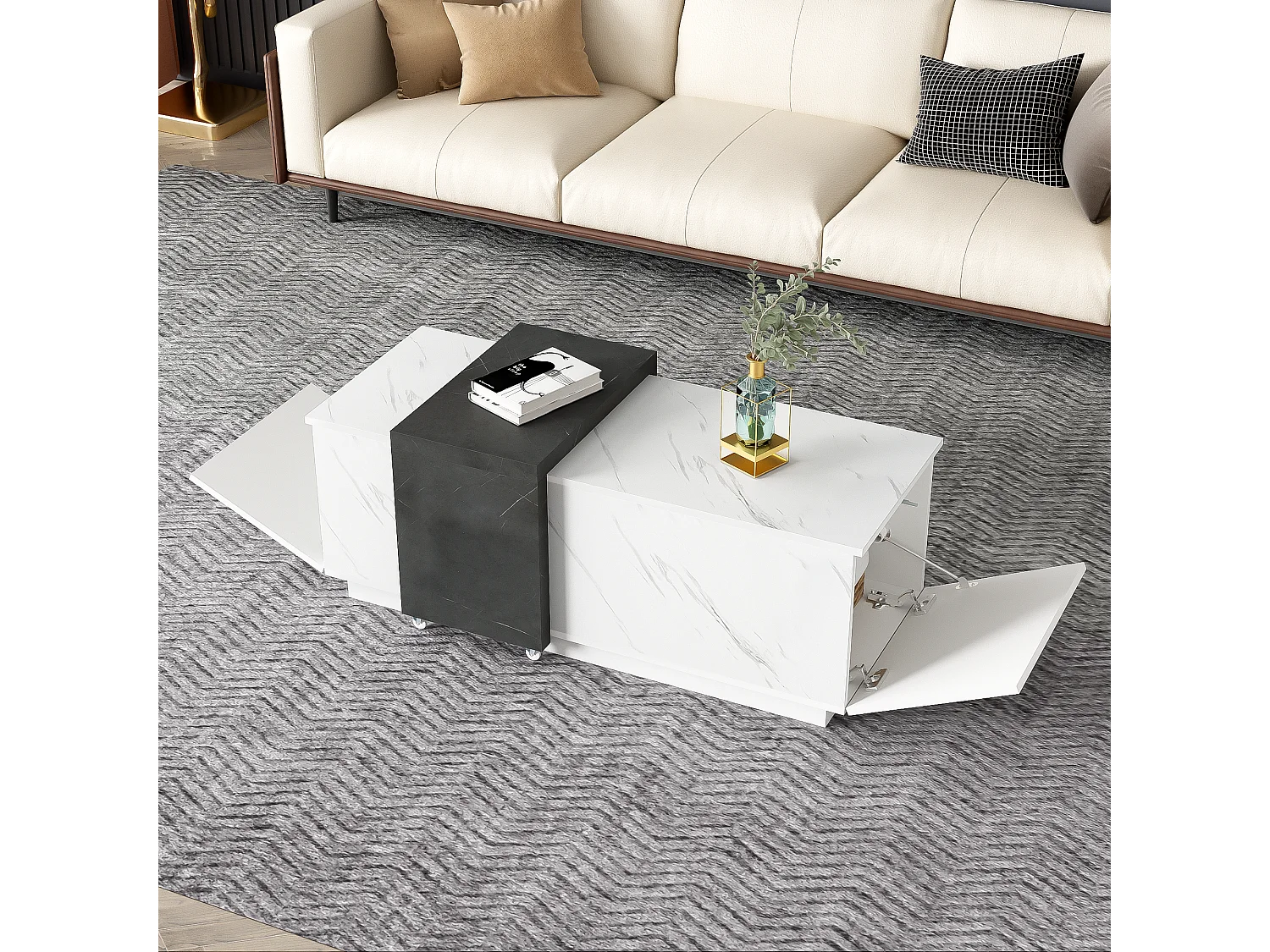 Table basse motif marbre blanc classique adaptée au salon et au bureau avec 2 armoires de rangement et roulettes - noir et blanc