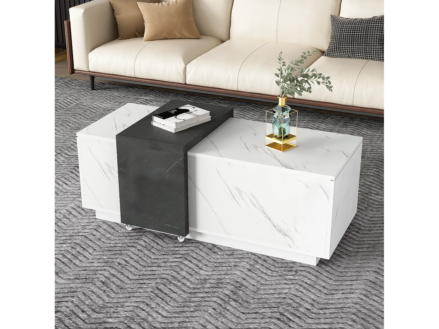 Table basse motif marbre blanc classique adaptée au salon et au bureau avec 2 armoires de rangement et roulettes - noir et blanc