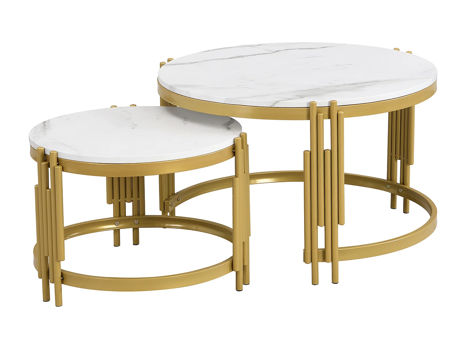 Conjunto de 2 mesas de centro encaixáveis, mesa redonda, efeito mármore, estrutura em metal dourado, D71,5x44+P51,5x37cm Branco