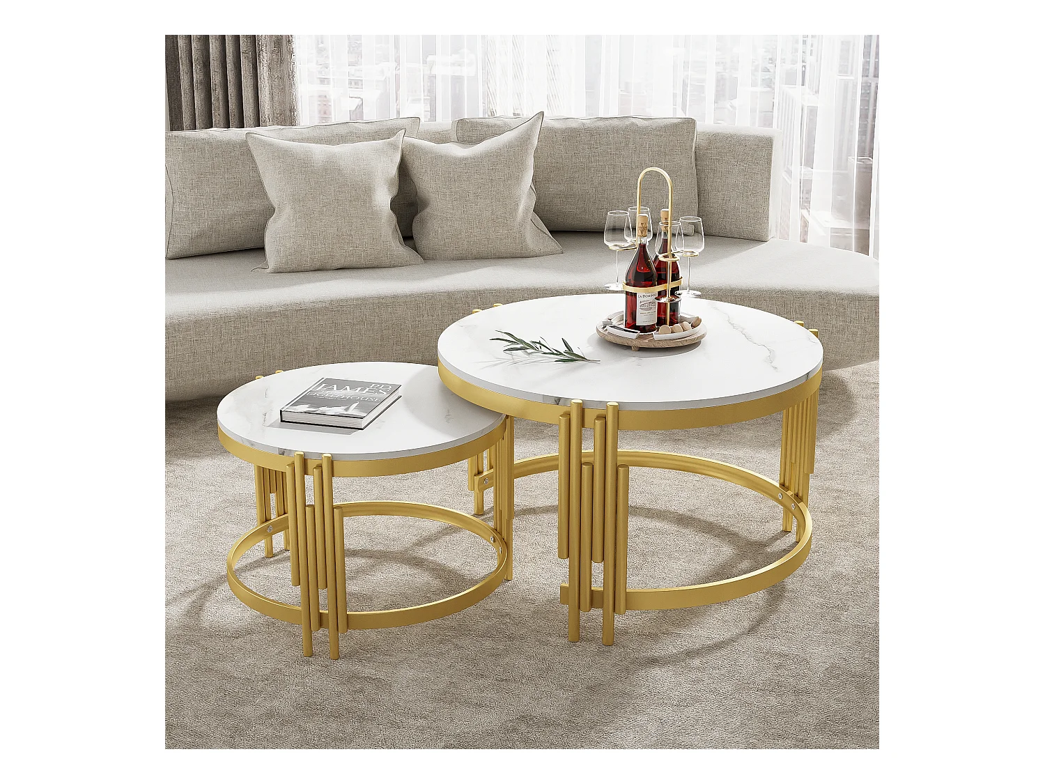 Lot de 2 table basse gigogne, table ronde, aspect marbre, structure en métal doré, D71,5x44+P51,5x37cm Blanc