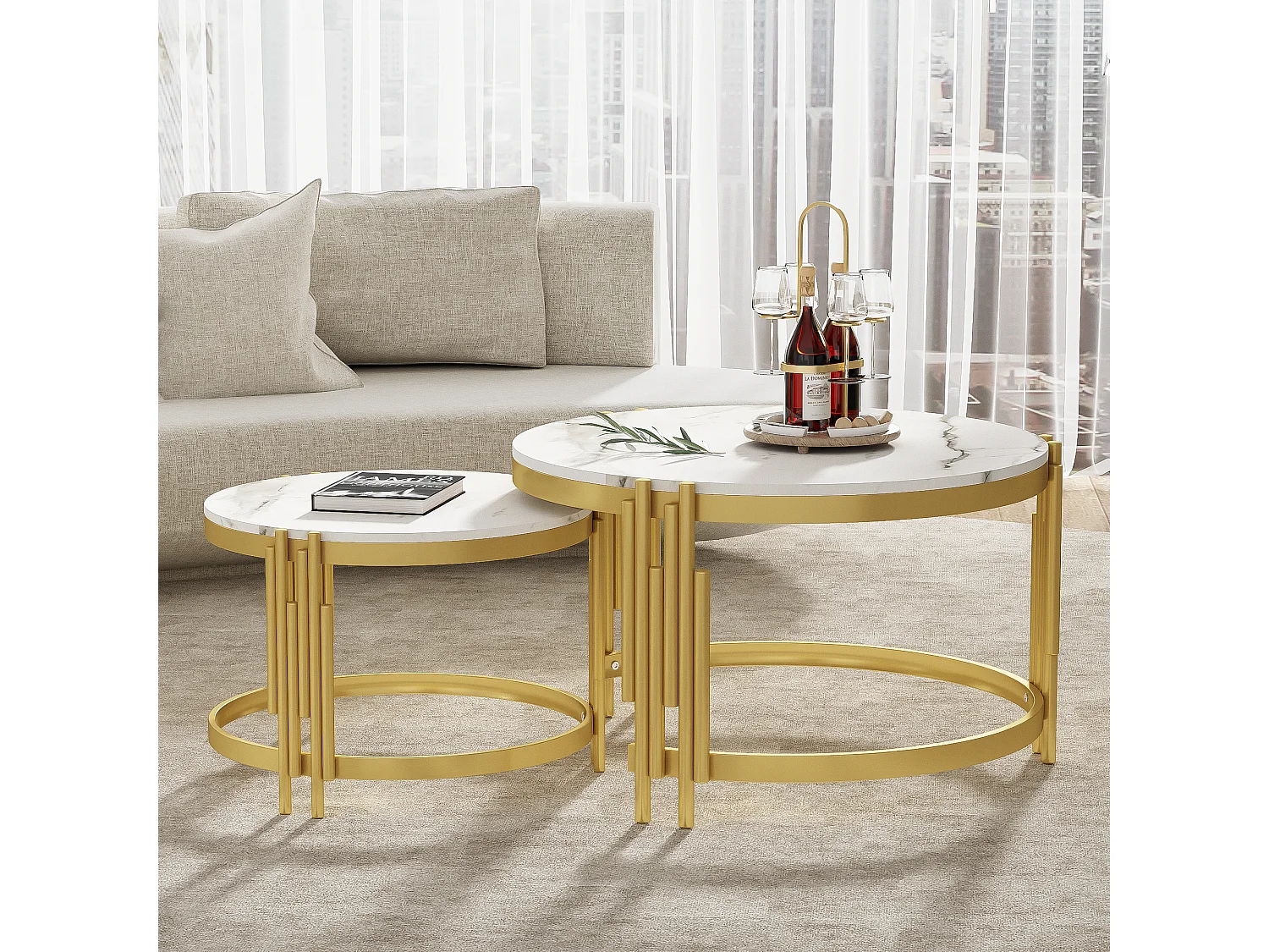 Set van 2 in elkaar passende salontafels, ronde tafel, marmerlook, gouden metalen structuur, D71,5x44+P51,5x37cm Wit