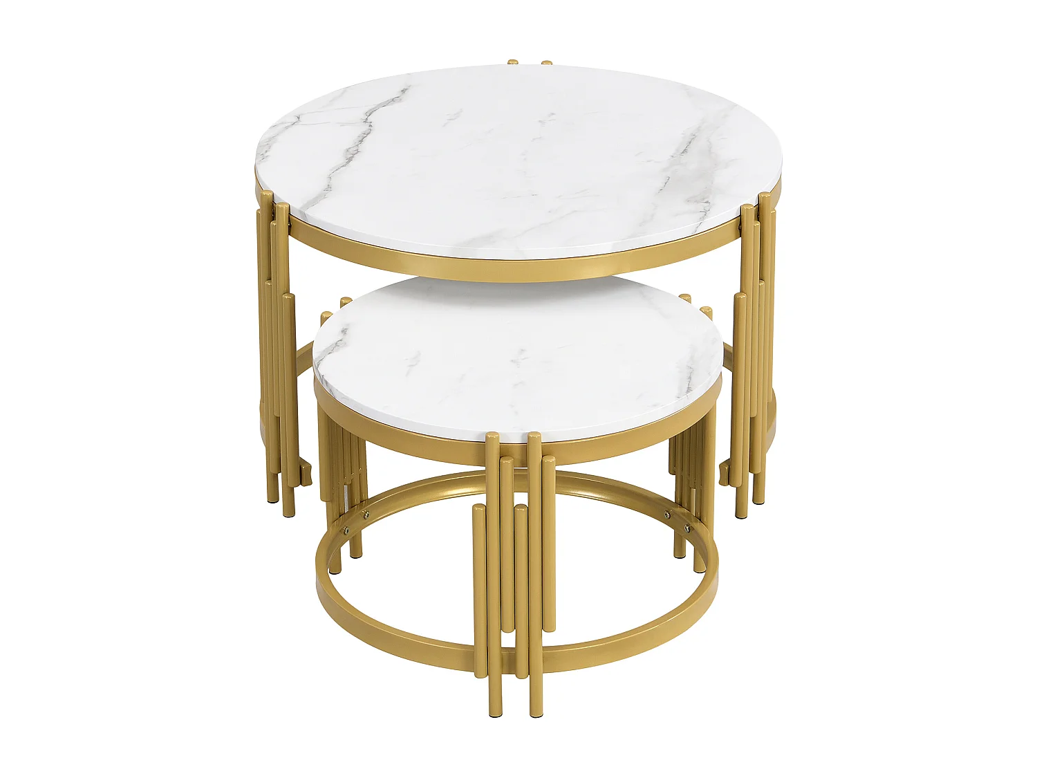 Set van 2 in elkaar passende salontafels, ronde tafel, marmerlook, gouden metalen structuur, D71,5x44+P51,5x37cm Wit
