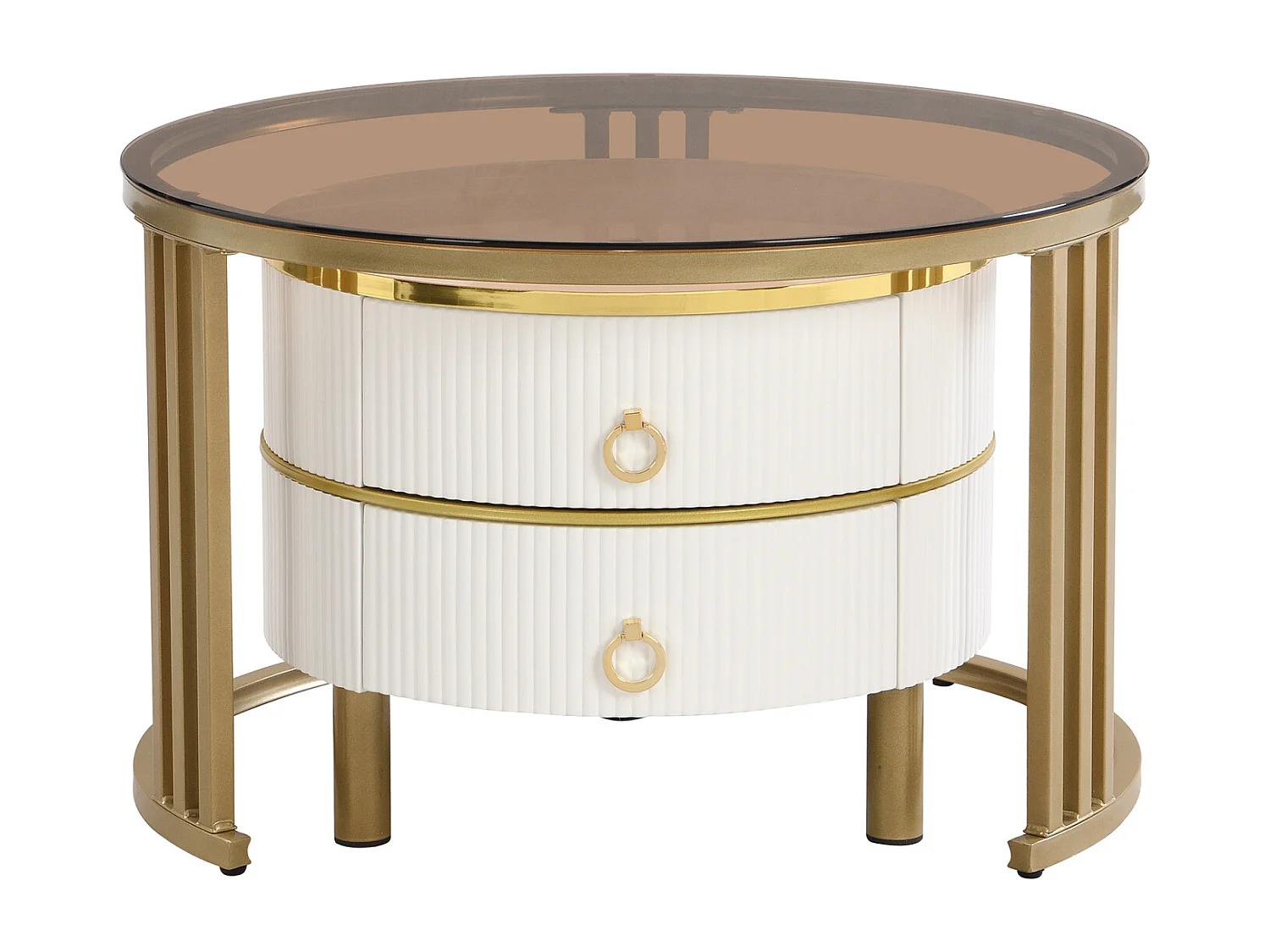 Set di 2 tavolini rotondi impilabili, 70x50 cm - con piano in vetro marrone, 2 cassetti, design moderno - bianco