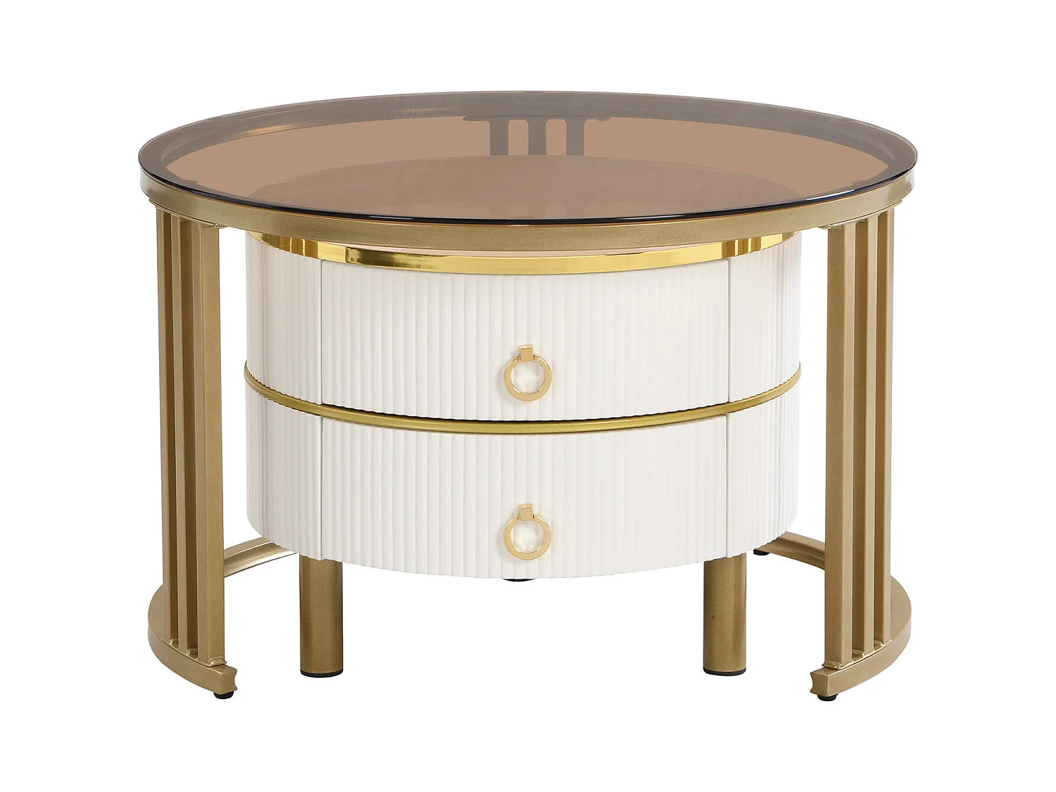 2er-Set runder Couchtische, 70x50 cm, mit brauner Glasplatte, 2 Schubladen, modernes Design, weiß