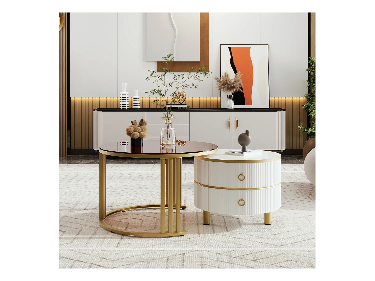 2er-Set runder Couchtische, 70x50 cm, mit brauner Glasplatte, 2 Schubladen, modernes Design, weiß