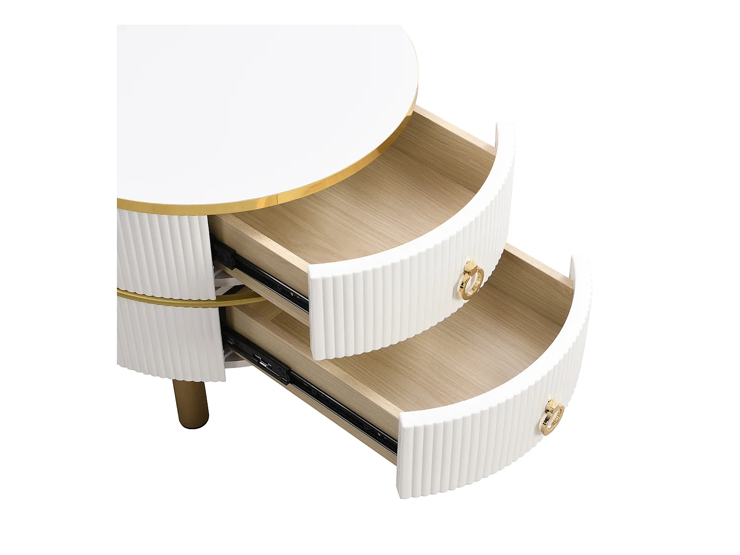 2er-Set runder Couchtische, 70x50 cm, mit brauner Glasplatte, 2 Schubladen, modernes Design, weiß