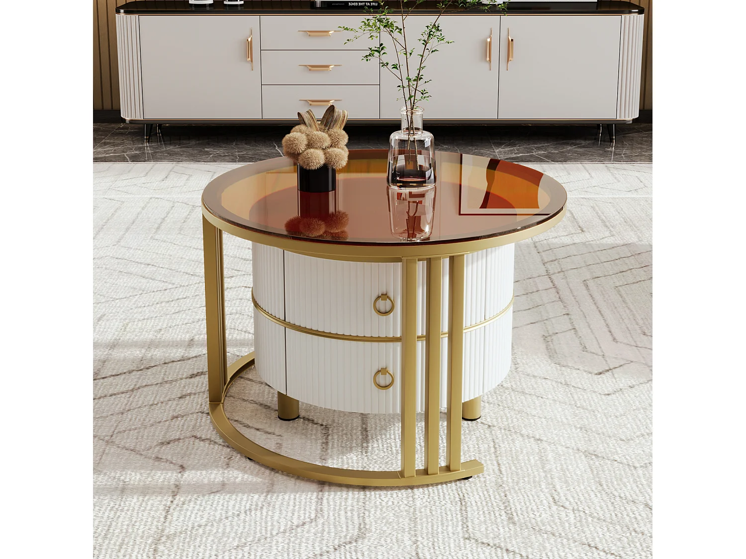 Lot de 2 Table basse gigogne ronde, 70x50 cm - avec plateau en verre brun, 2 tiroirs, design moderne - blanc
