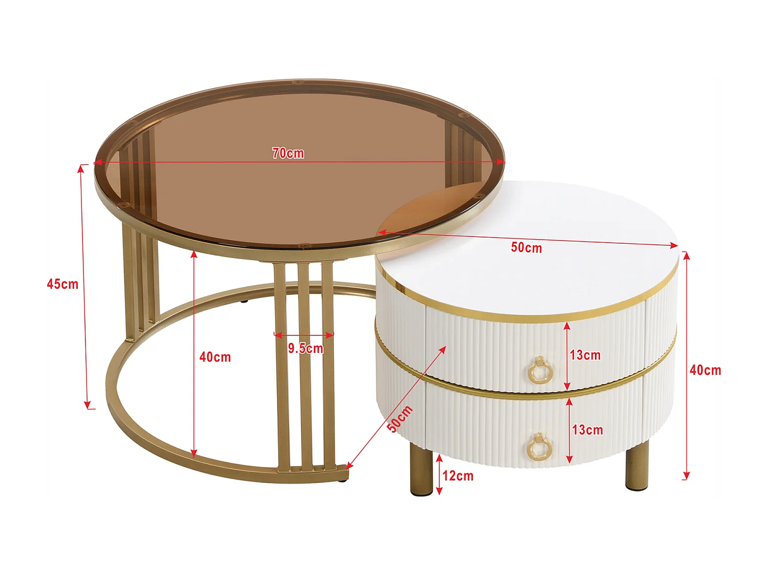 Lot de 2 Table basse gigogne ronde, 70x50 cm - avec plateau en verre brun, 2 tiroirs, design moderne - blanc