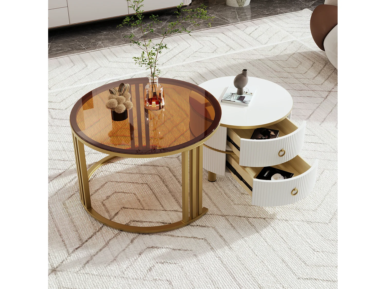Lot de 2 Table basse gigogne ronde, 70x50 cm - avec plateau en verre brun, 2 tiroirs, design moderne - blanc