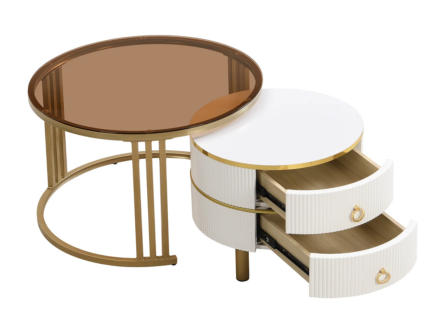 Lot de 2 Table basse gigogne ronde, 70x50 cm - avec plateau en verre brun, 2 tiroirs, design moderne - blanc