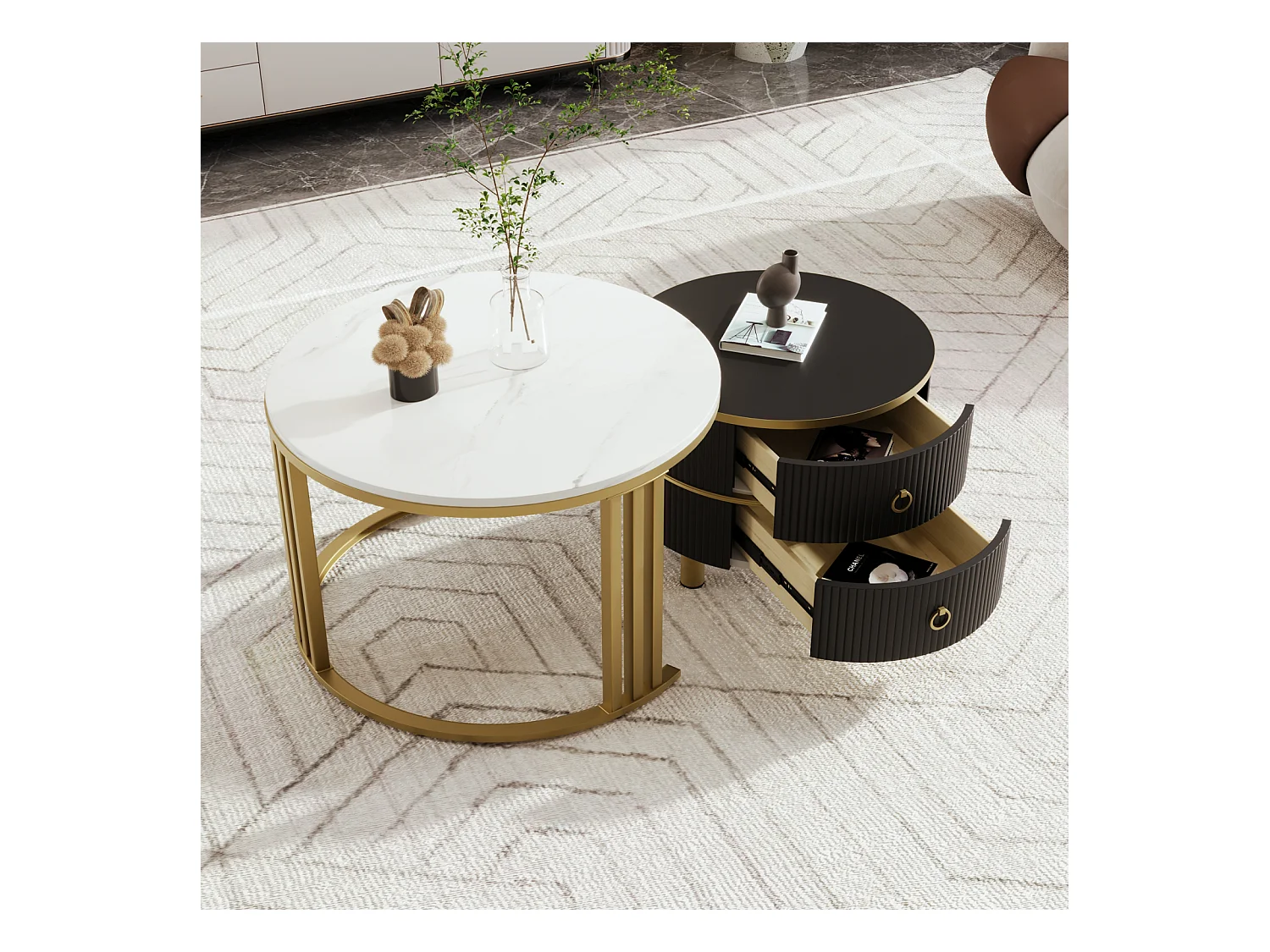 2er-Set runder Couchtische, 70x50 cm, mit brauner Glasplatte, 2 Schubladen, modernes Design, Schwarz