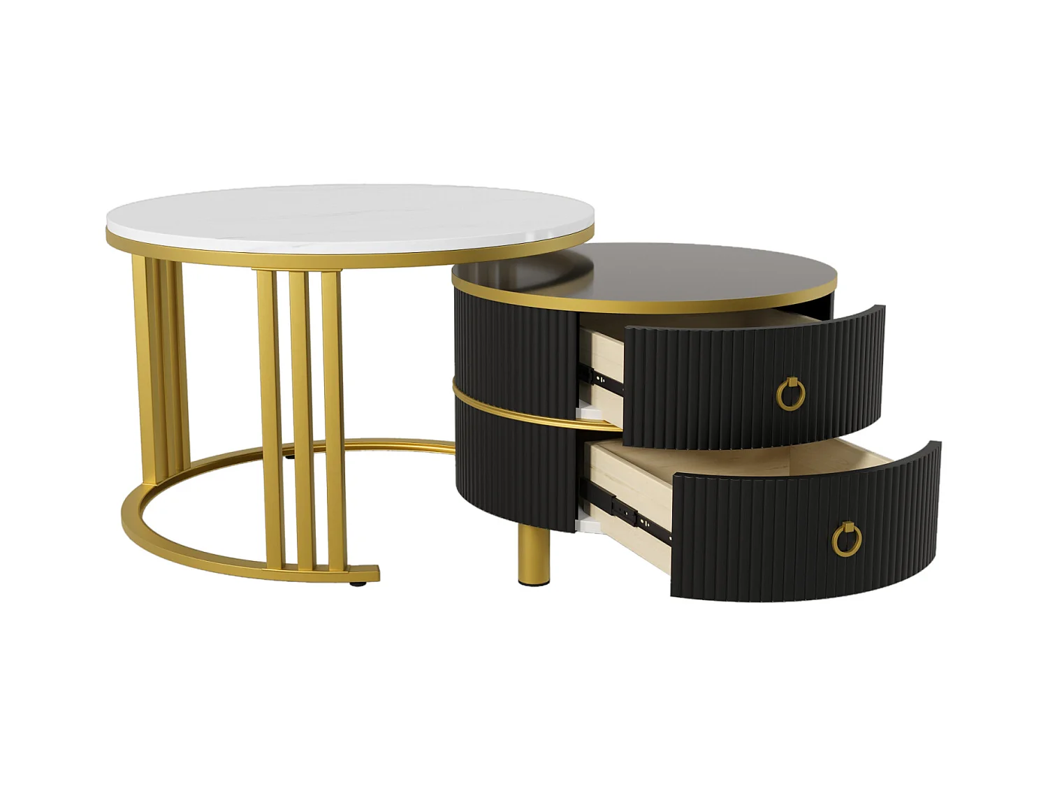 2er-Set runder Couchtische, 70x50 cm, mit brauner Glasplatte, 2 Schubladen, modernes Design, Schwarz