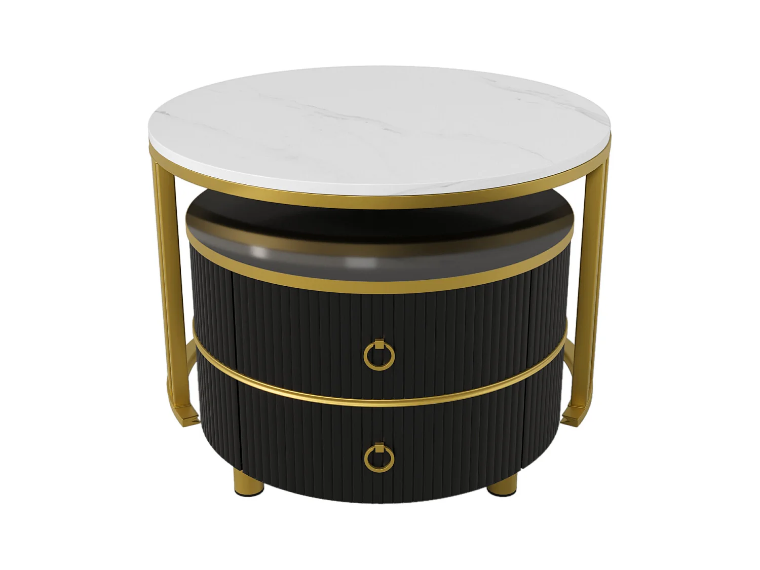 2er-Set runder Couchtische, 70x50 cm, mit brauner Glasplatte, 2 Schubladen, modernes Design, Schwarz