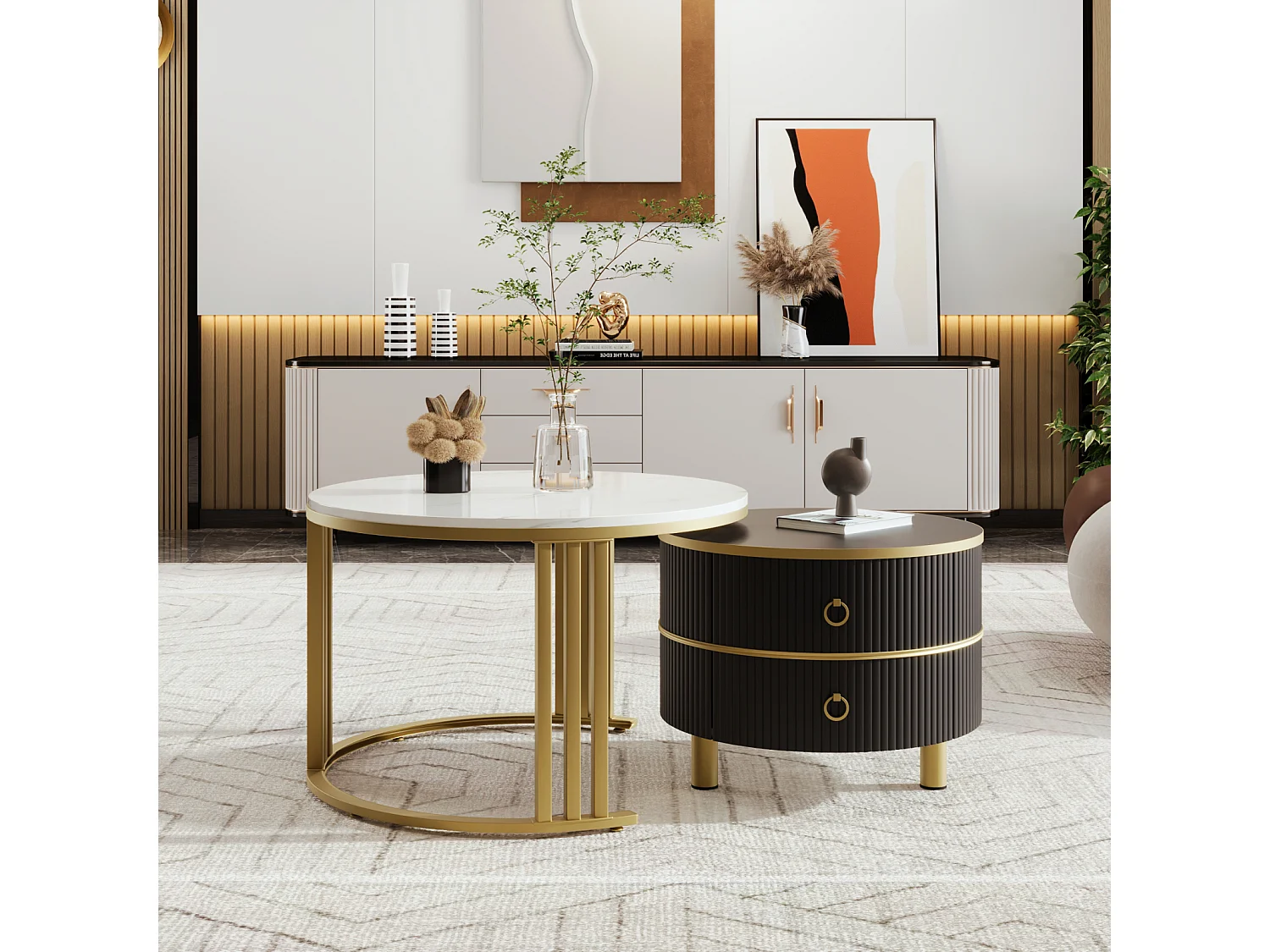 Conjunto de 2 mesas de centro redondas encaixáveis, 70x50 cm - com tampo em vidro castanho, 2 gavetas, design moderno - preto