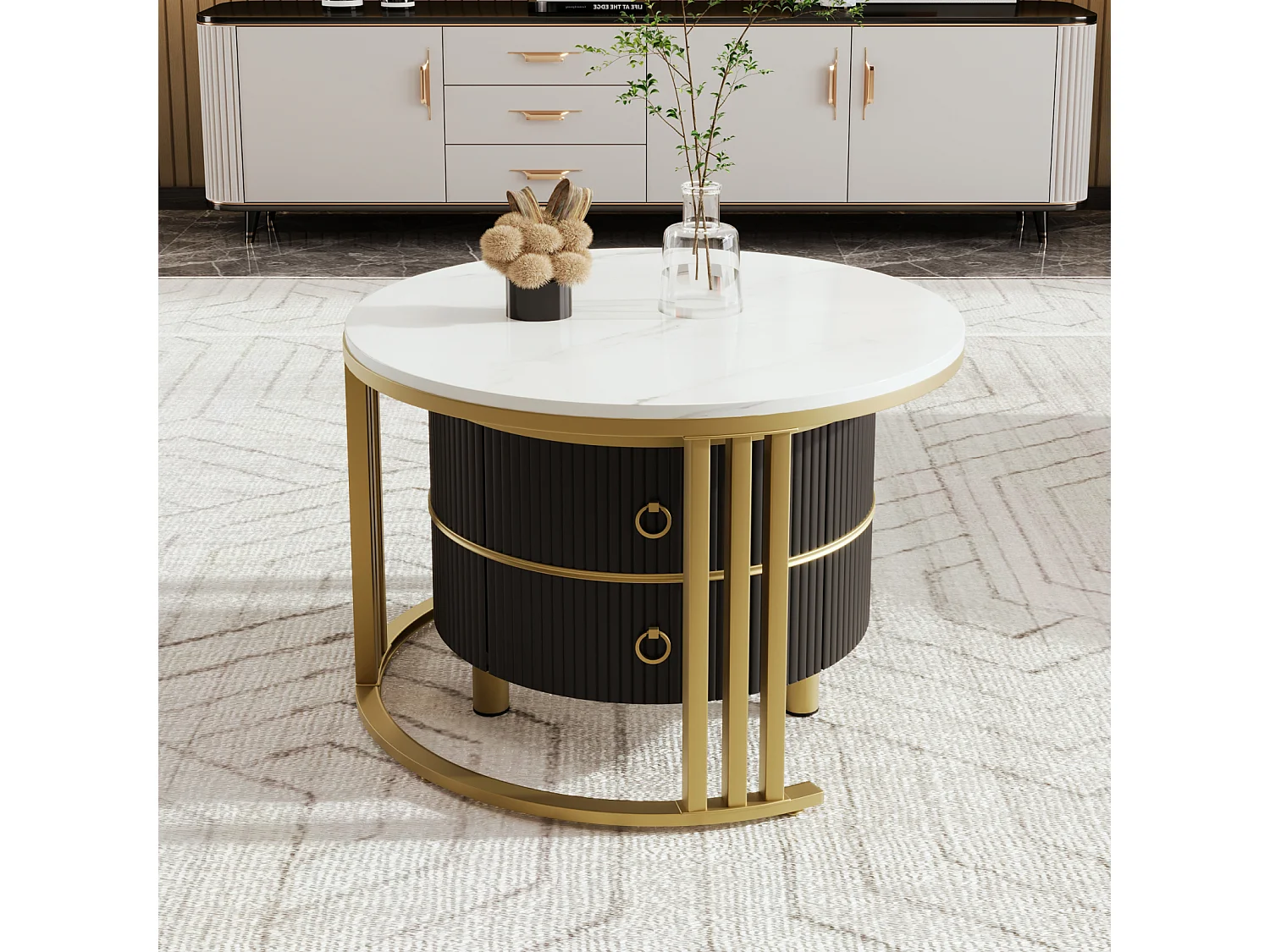 Conjunto de 2 mesas de centro redondas encaixáveis, 70x50 cm - com tampo em vidro castanho, 2 gavetas, design moderno - preto