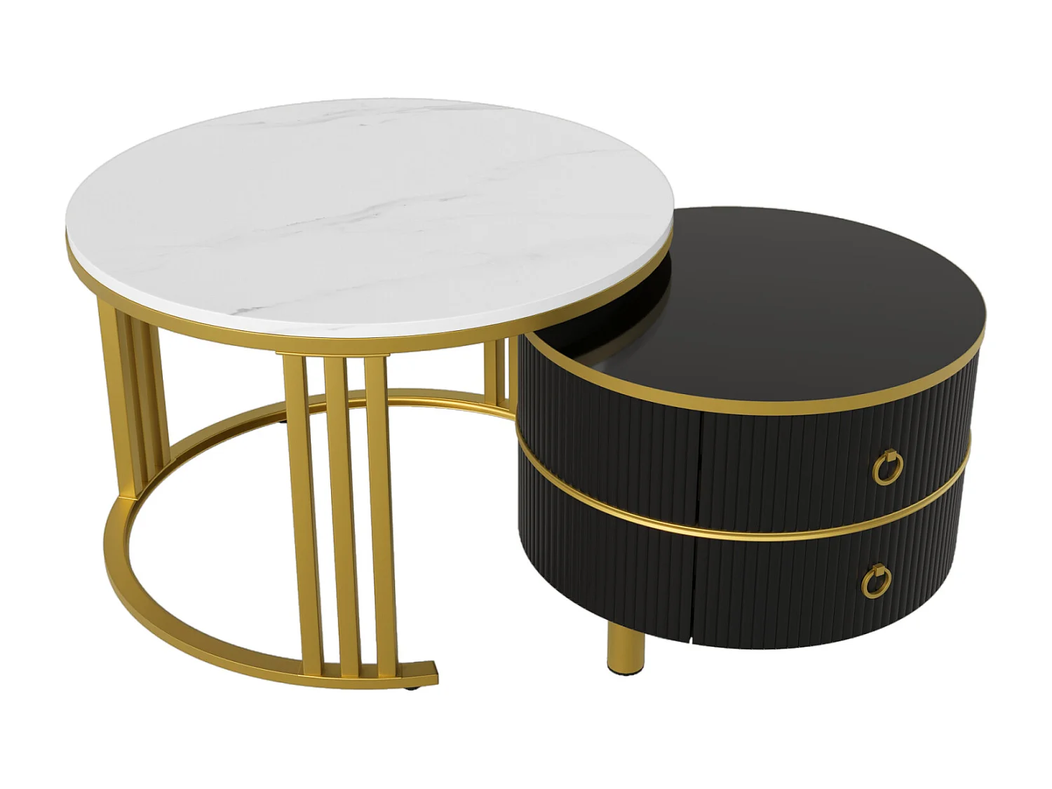 Conjunto de 2 mesas de centro redondas encaixáveis, 70x50 cm - com tampo em vidro castanho, 2 gavetas, design moderno - preto