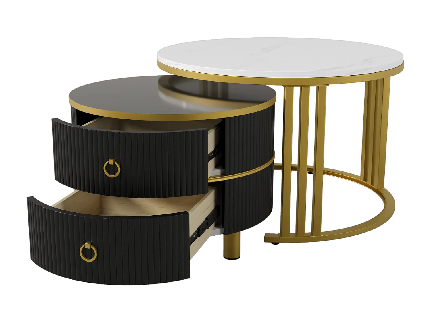 Conjunto de 2 mesas de centro redondas encaixáveis, 70x50 cm - com tampo em vidro castanho, 2 gavetas, design moderno - preto