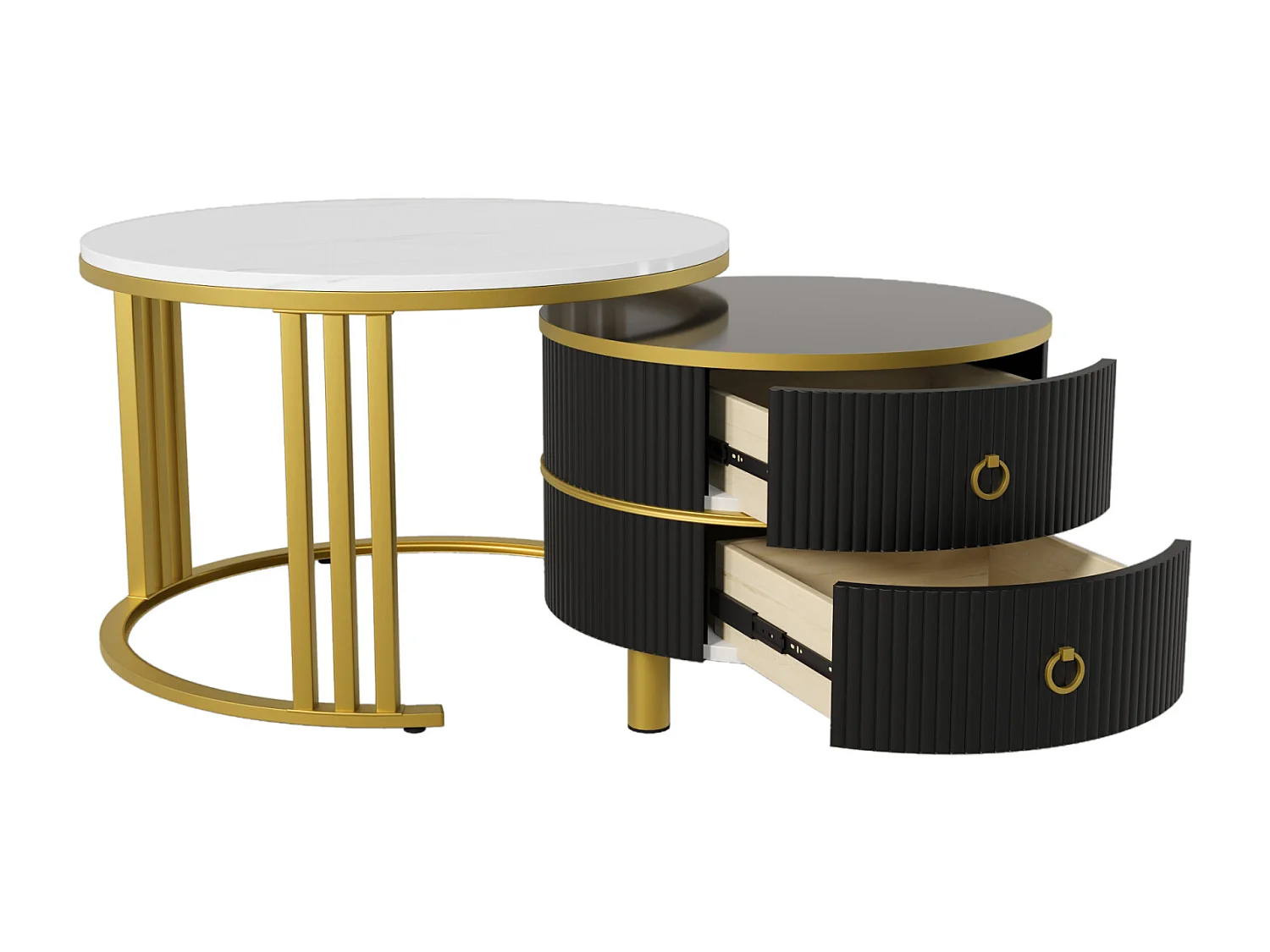 Conjunto de 2 mesas de centro redondas encaixáveis, 70x50 cm - com tampo em vidro castanho, 2 gavetas, design moderno - preto
