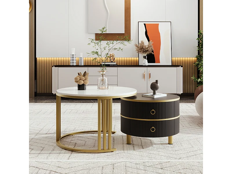 Lot de 2 Table basse gigogne ronde, 70x50 cm - avec plateau en verre brun, 2 tiroirs, design moderne - noir