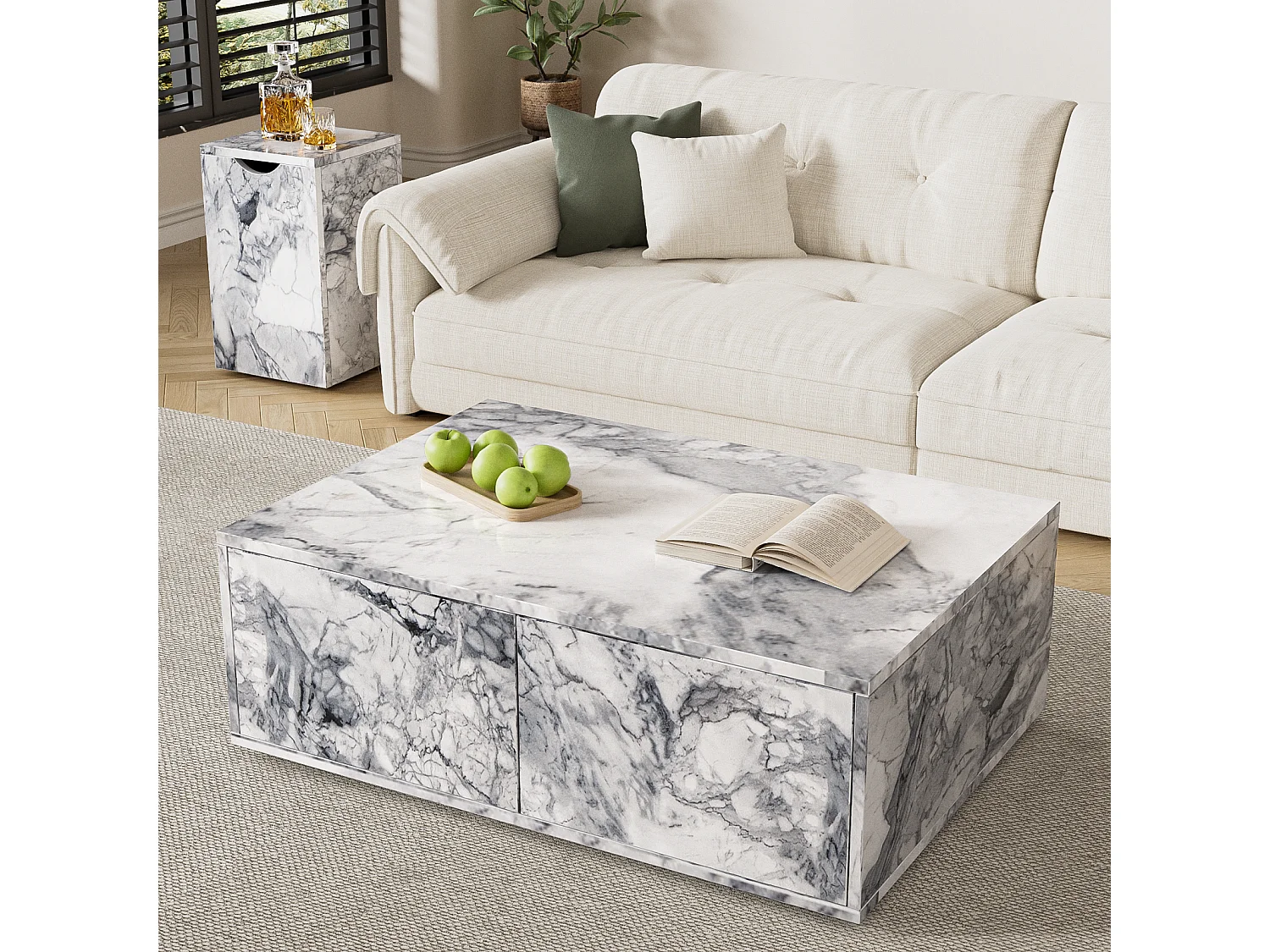 Set di 2 tavolini fissi, tavolino componibile effetto marmo con tavolino laterale divano e balcone, bianco