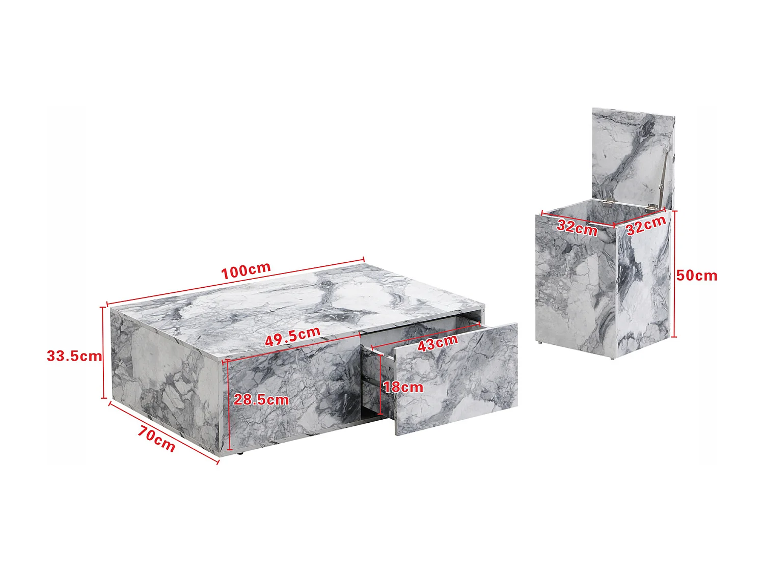 Set di 2 tavolini fissi, tavolino componibile effetto marmo con tavolino laterale divano e balcone, bianco