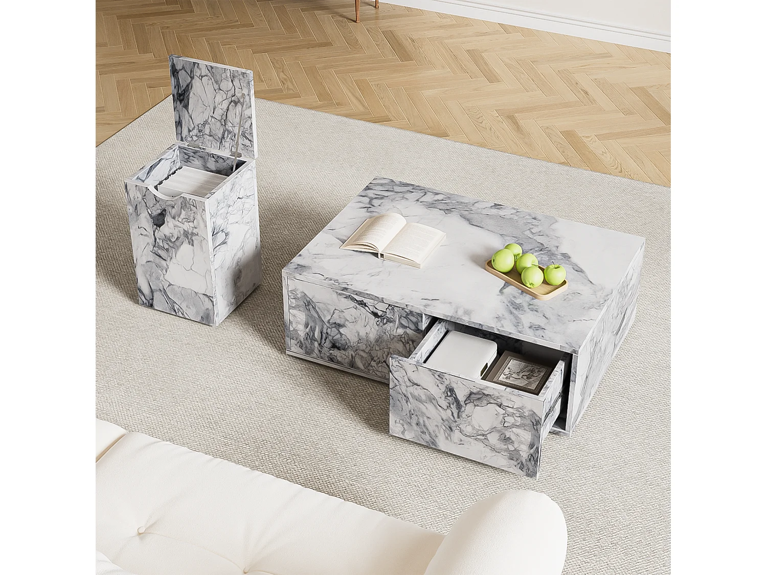 Set di 2 tavolini fissi, tavolino componibile effetto marmo con tavolino laterale divano e balcone, bianco