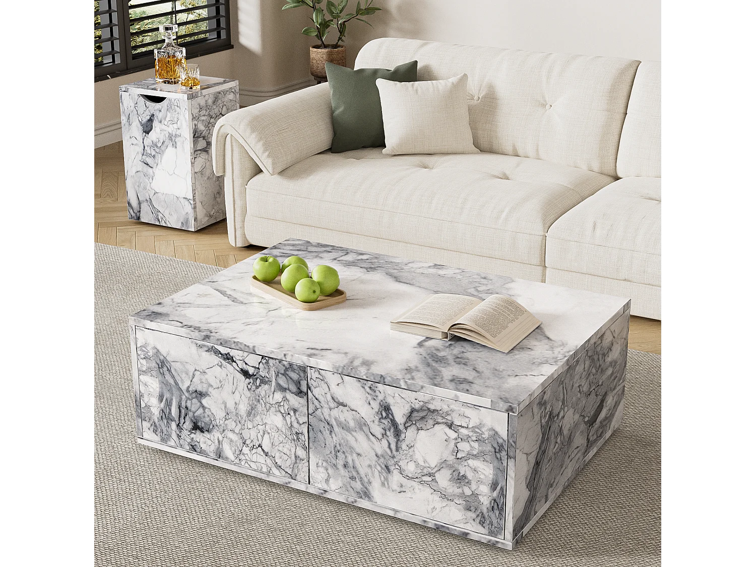 Set di 2 tavolini fissi, tavolino componibile effetto marmo con tavolino laterale divano e balcone, bianco