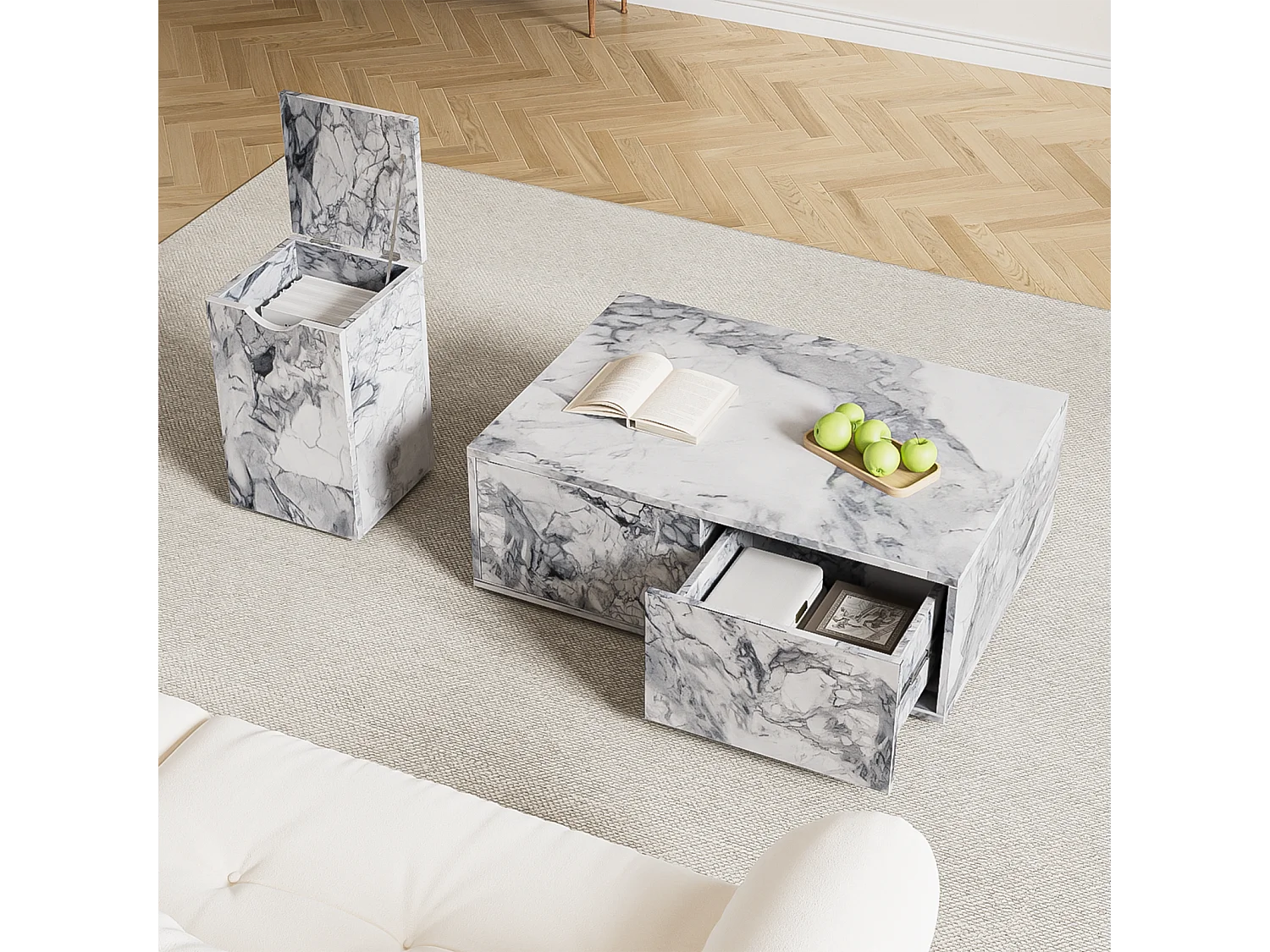 Set di 2 tavolini fissi, tavolino componibile effetto marmo con tavolino laterale divano e balcone, bianco