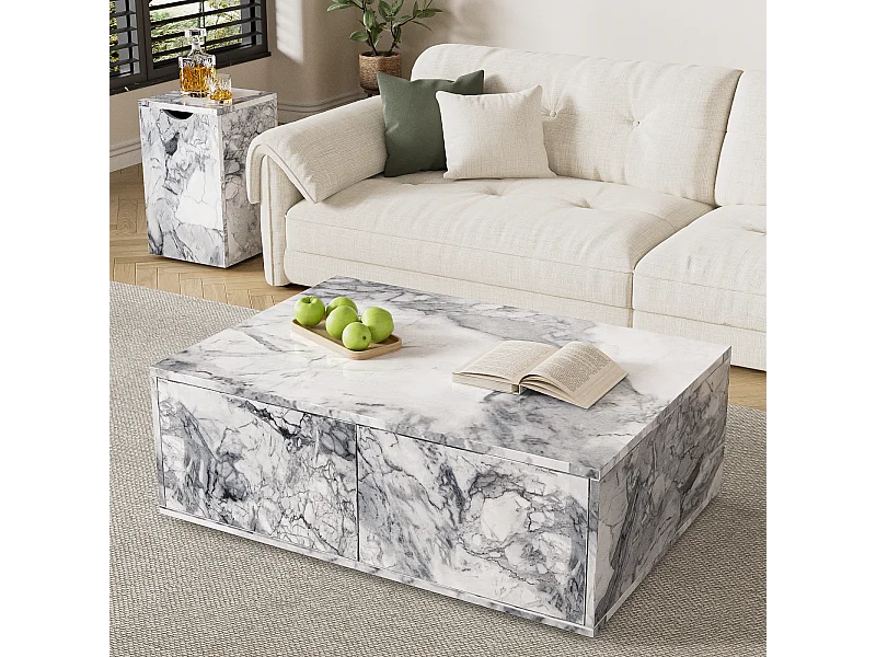 Set di 2 tavolini fissi, tavolino componibile effetto marmo con tavolino laterale divano e balcone, bianco