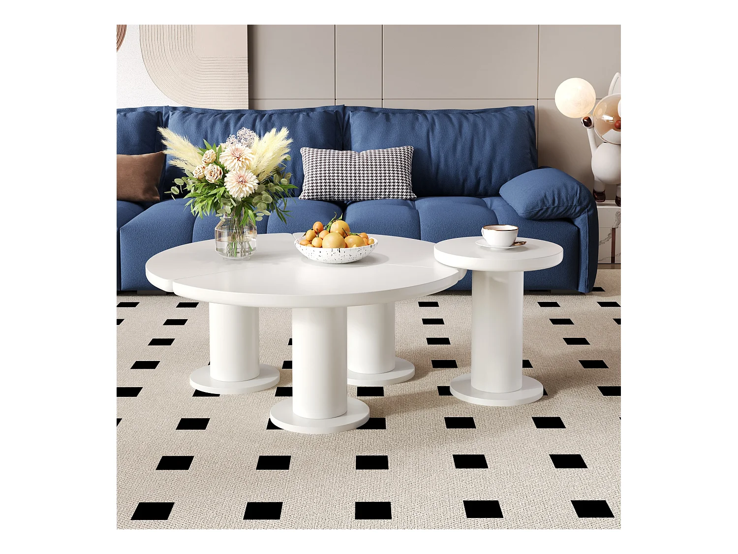 Conjunto de 2 mesas de centro redondas - tampo em MDF pintado e pernas em PVC - 39,8 x 39,8 x 42,2 + 100 x 100 x 40 cm - branco
