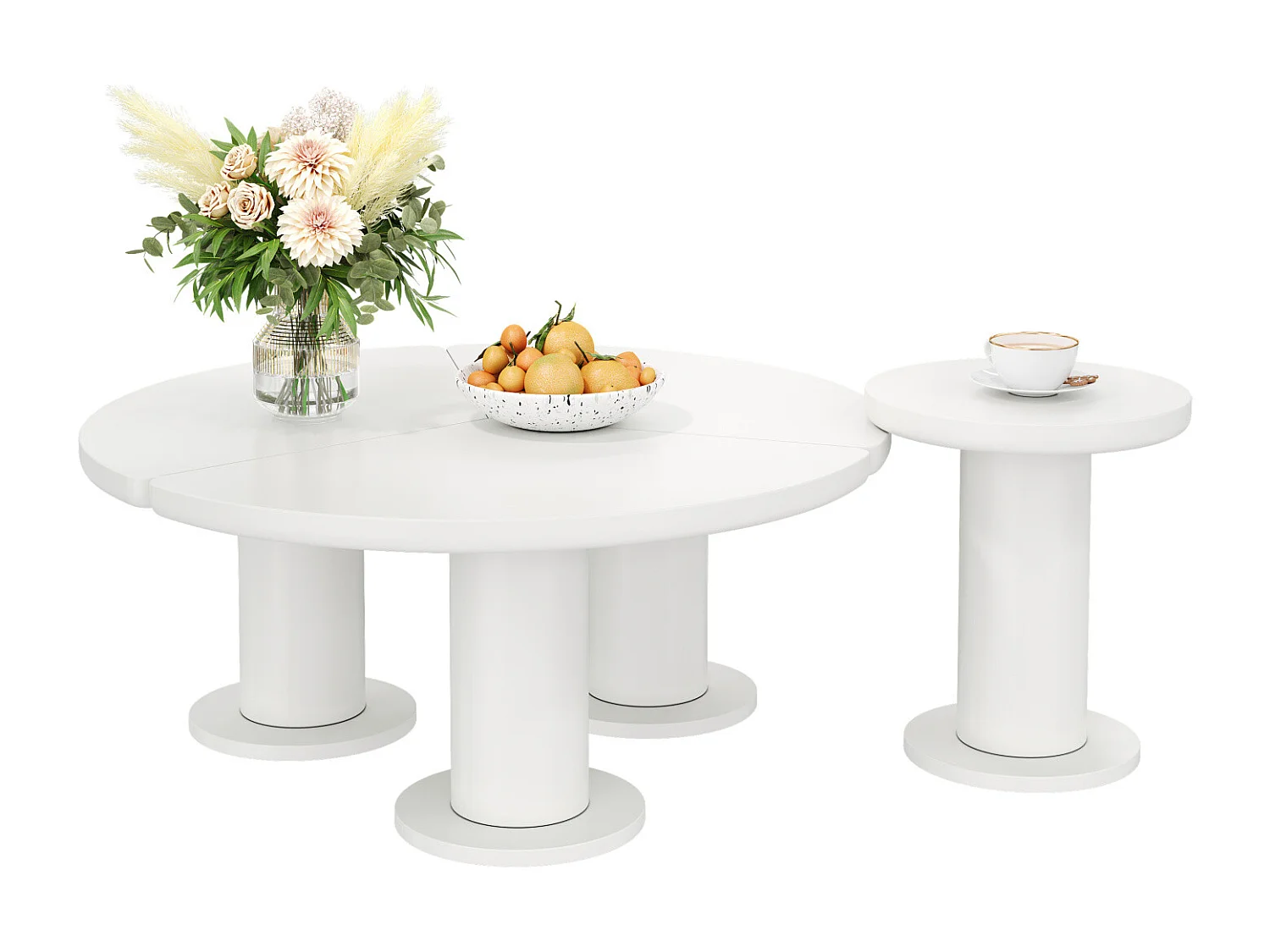 Conjunto de 2 mesas de centro redondas - tampo em MDF pintado e pernas em PVC - 39,8 x 39,8 x 42,2 + 100 x 100 x 40 cm - branco