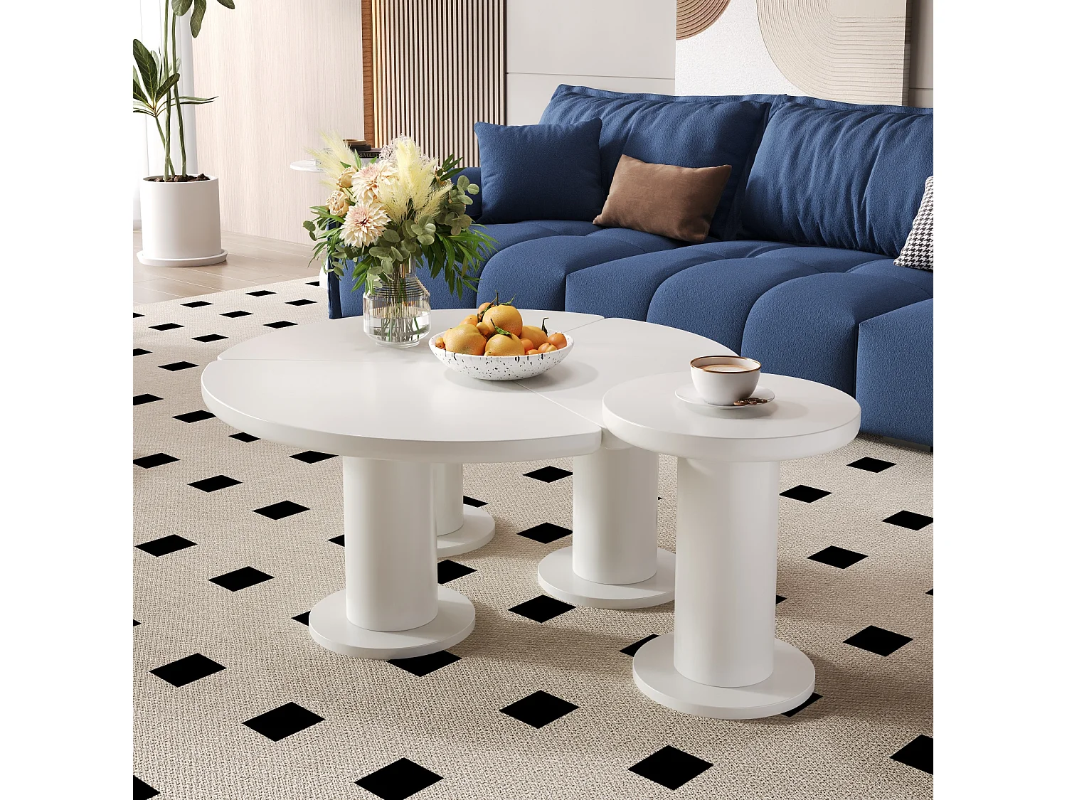 Conjunto de 2 mesas de centro redondas - tampo em MDF pintado e pernas em PVC - 39,8 x 39,8 x 42,2 + 100 x 100 x 40 cm - branco