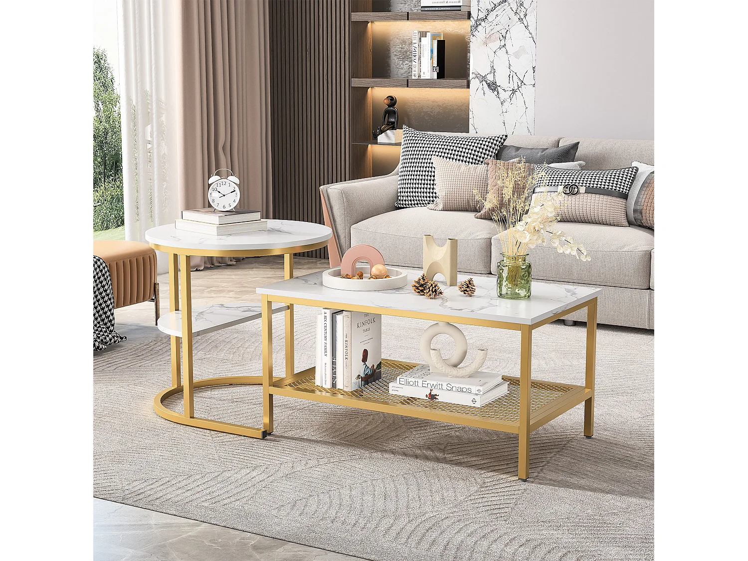 Lot de 2 Tables Basses Gigognes Scandinaves - Table d'Appoint Rectangulaire Imprimée Marbre - Repose-pieds Réglables -Cadre en Métal Doré