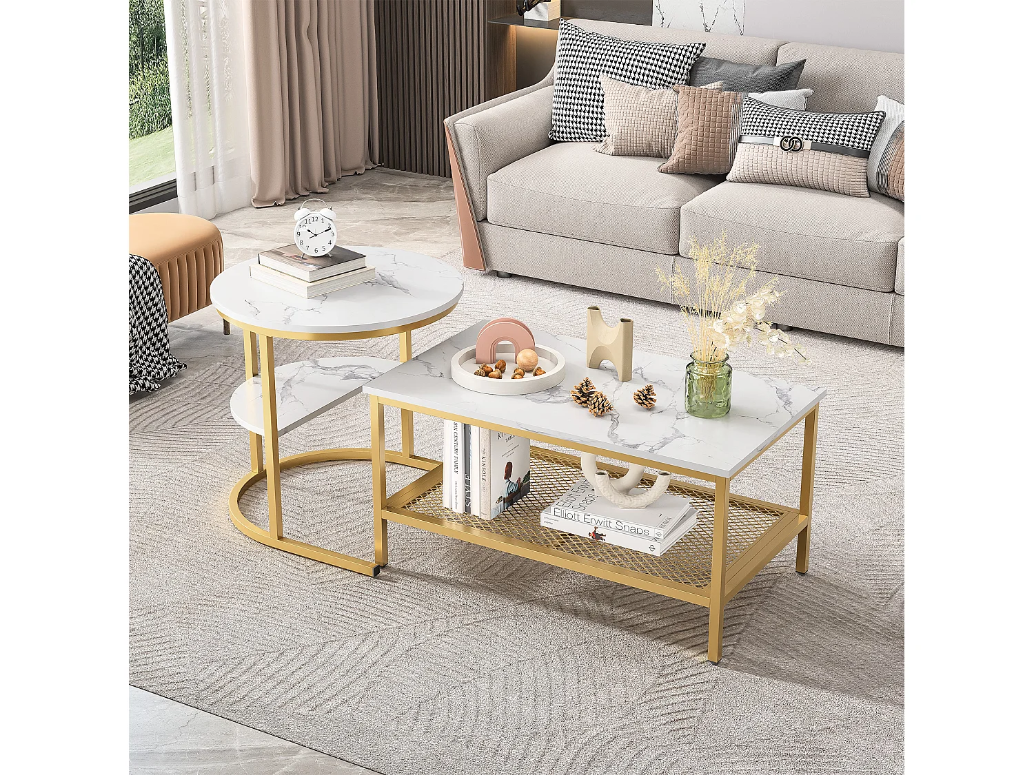 Lot de 2 Tables Basses Gigognes Scandinaves - Table d'Appoint Rectangulaire Imprimée Marbre - Repose-pieds Réglables -Cadre en Métal Doré