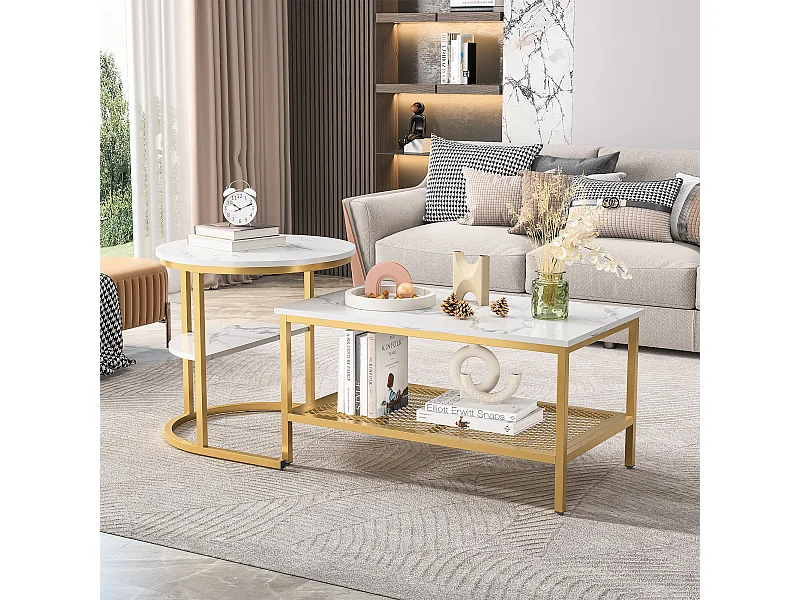 Lot de 2 Tables Basses Gigognes Scandinaves - Table d'Appoint Rectangulaire Imprimée Marbre - Repose-pieds Réglables -Cadre en Métal Doré