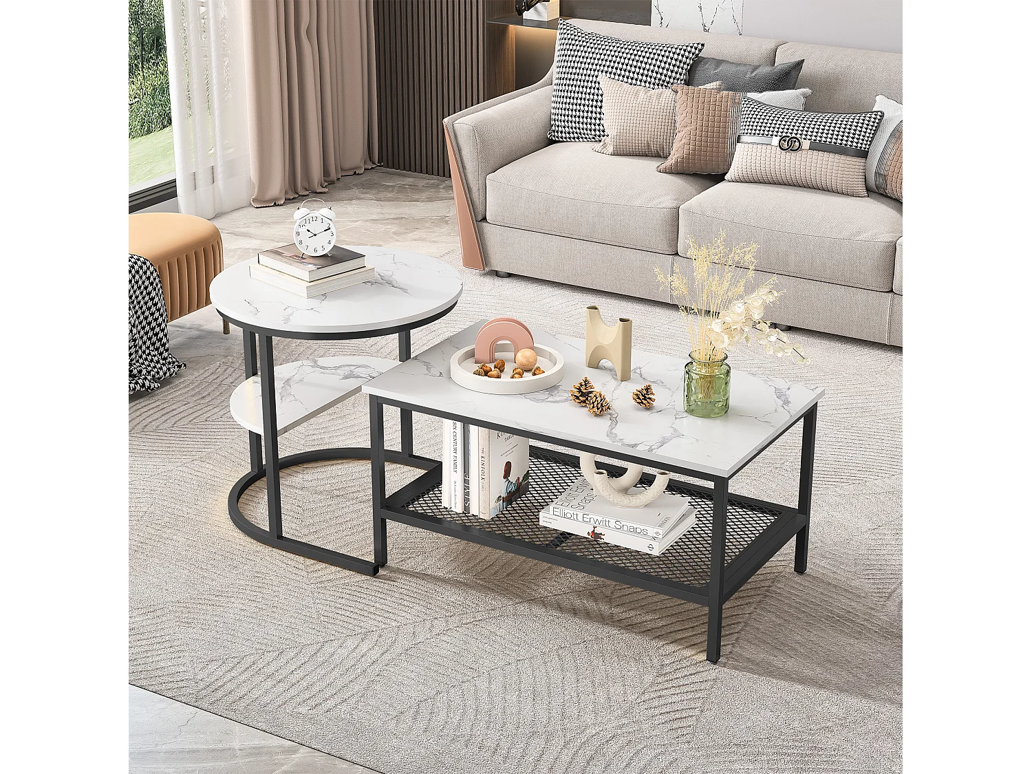 Lot de 2 Tables Basses Gigognes Scandinaves - Table d'Appoint Rectangulaire Imprimée Marbre - Repose-pieds Réglables -Cadre en Métal Noir