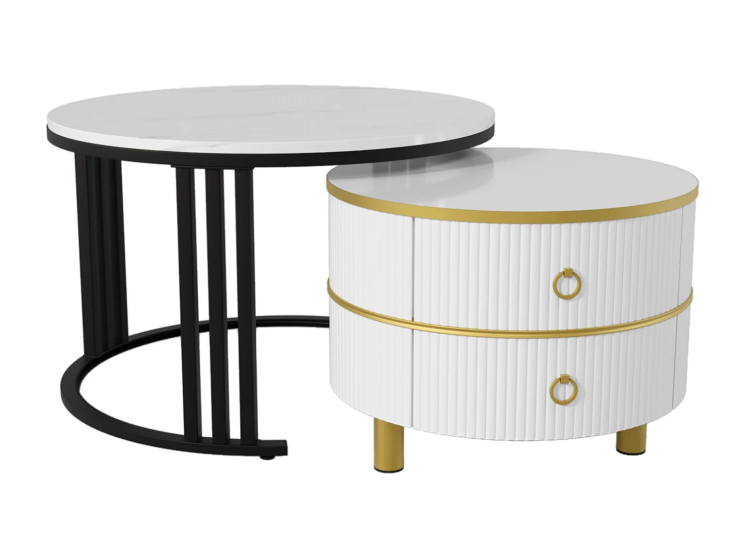 2er-Set runder Couchtische, 70x50 cm, mit brauner Glasplatte, 2 Schubladen, modernes Design, weiß