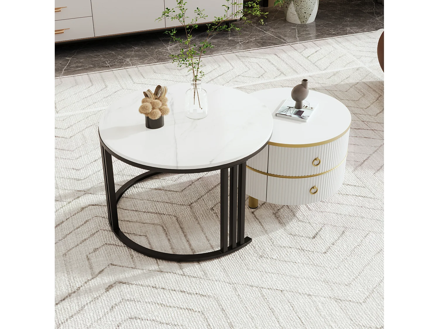 Conjunto de 2 mesas de centro redondas encaixáveis, 70x50 cm - com tampo em vidro castanho, 2 gavetas, design moderno - branco