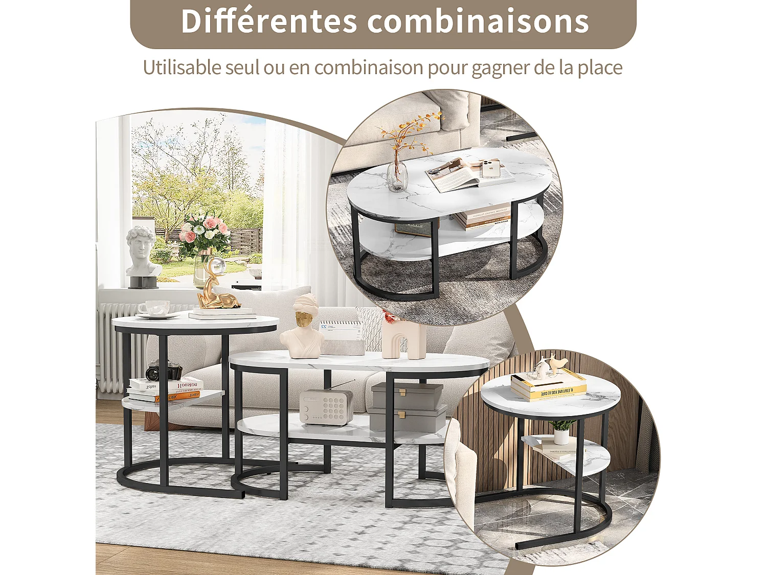 Lot de 2 Tables Basses Gigognes Scandinaves - Table d'Appoint Ovale Imprimée Marbre avec Étagères de angement - Cadre en Métal - Noir