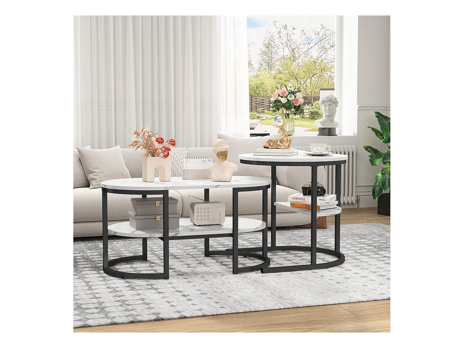 Lot de 2 Tables Basses Gigognes Scandinaves - Table d'Appoint Ovale Imprimée Marbre avec Étagères de angement - Cadre en Métal - Noir