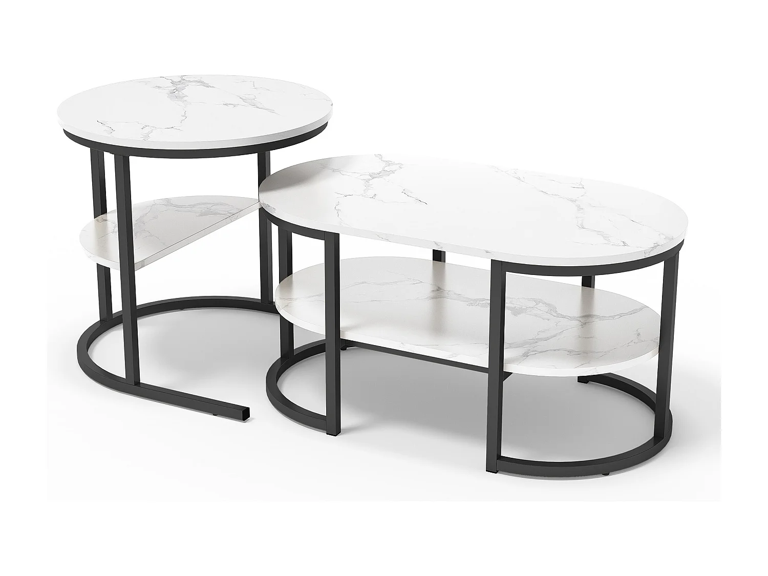 Set van 2 Scandinavische nesttafels - Marmeren bedrukte ovale bijzettafel met opbergplanken - Metalen frame - Zwart