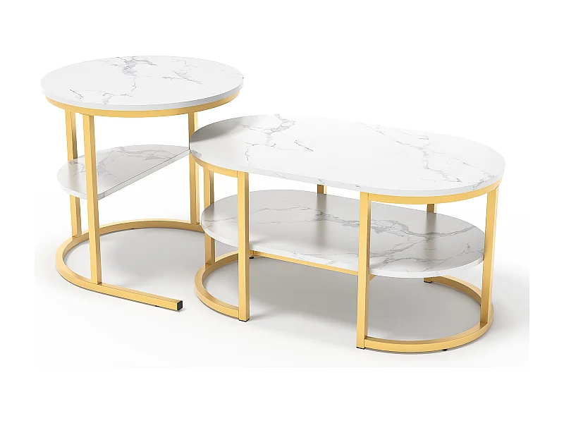 Set di 2 tavolini da caffè scandinavi ad incastro - Tavolino ovale stampato in marmo con ripiani portaoggetti - Struttura in metallo - Oro