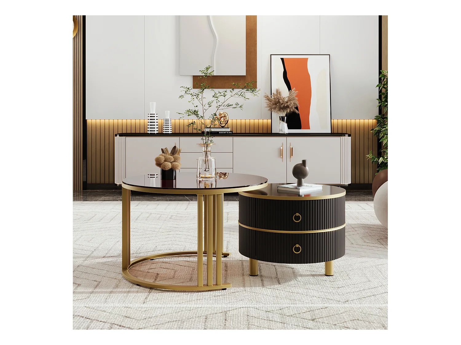 Lot de 2 tables basses gigognes avec 2 tiroirs - placage en verre trempé Marron - Noir