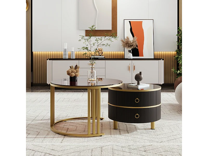 Set di 2 tavolini da caffè impilabili con 2 cassetti - impiallacciatura in vetro temperato Marrone - Nero