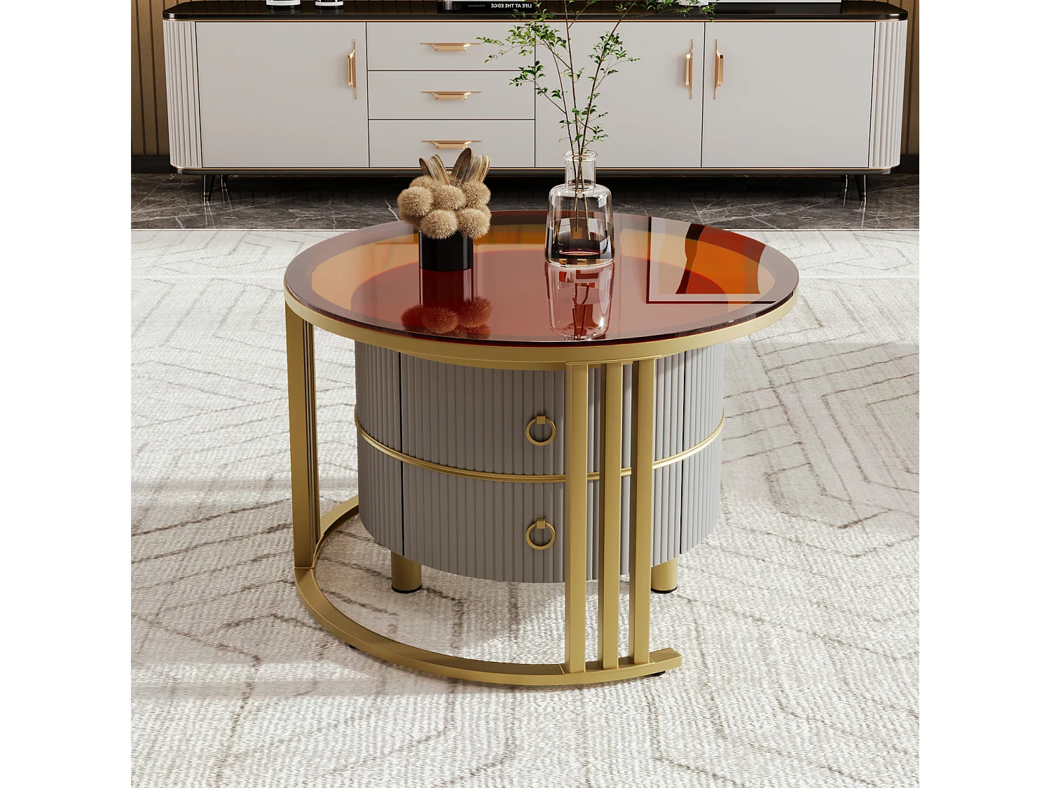 Set van 2 ronde salontafels, 70x50 cm - met bruin glazen blad, 2 lades, modern design - grijs