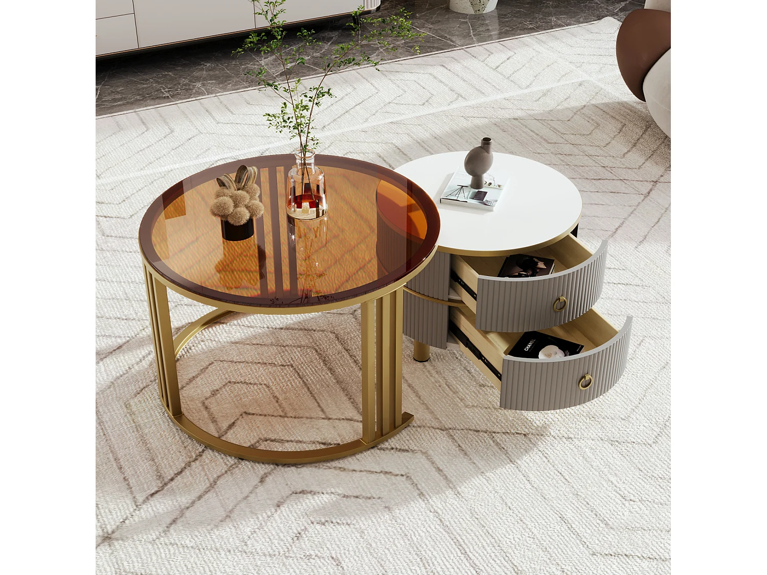 Set van 2 ronde salontafels, 70x50 cm - met bruin glazen blad, 2 lades, modern design - grijs